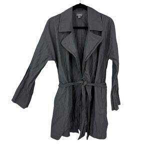 J Jill XS Trench Coat Belted Wrap Gray Metallic Crinkle Cotton Nylon minimalist